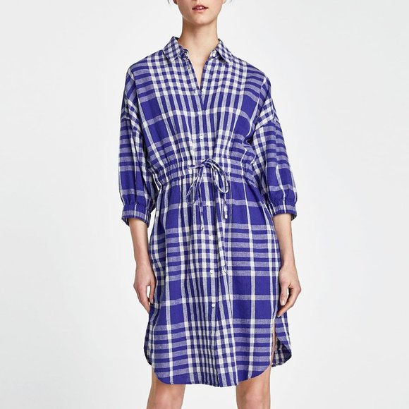 Zara Dresses & Skirts - Zara Woman Linen Blend Plaid Tunic Shirt Dress XS